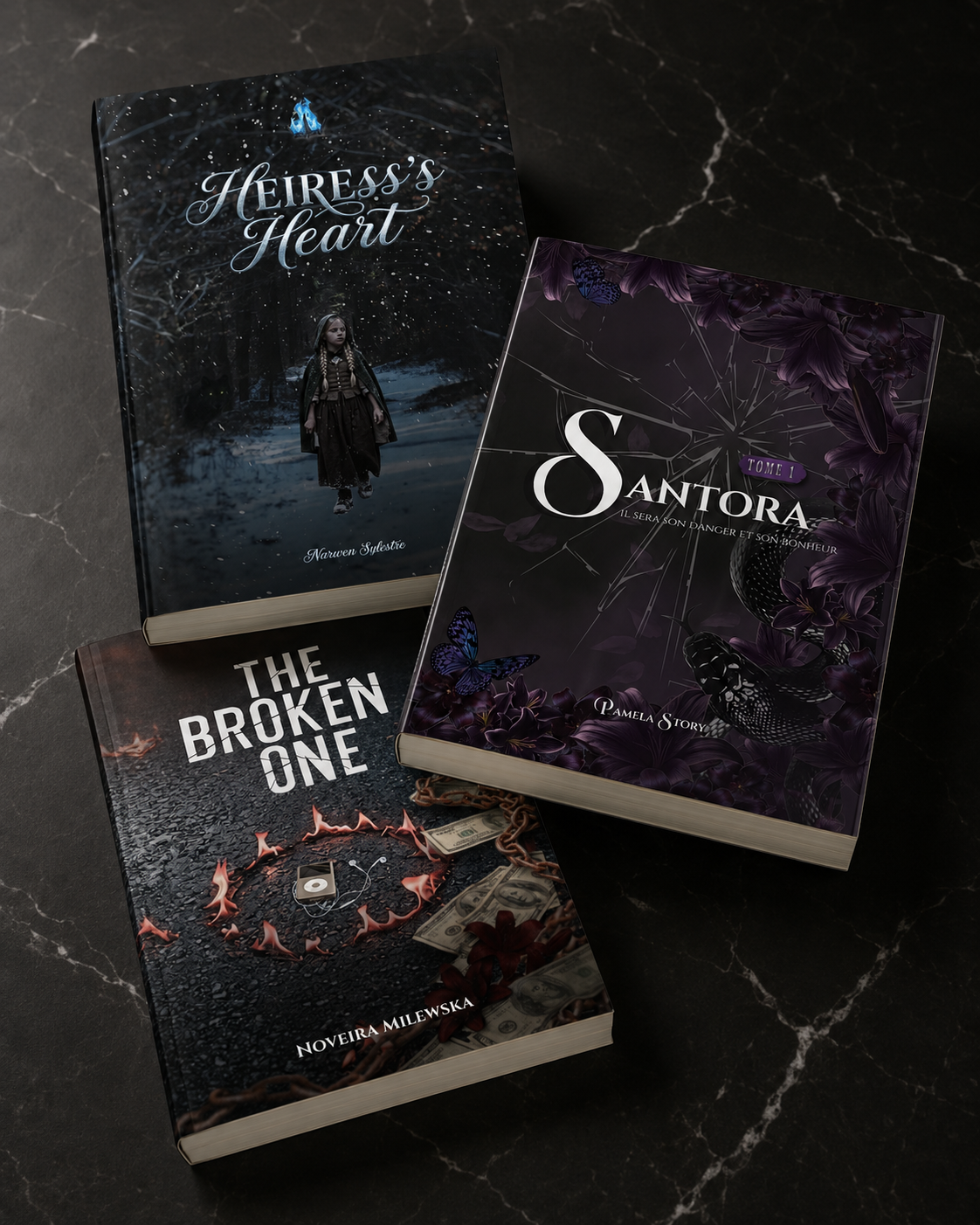 Couvertures de romans conçues pour des auteurs indépendants : romantasy, dark romance, thriller