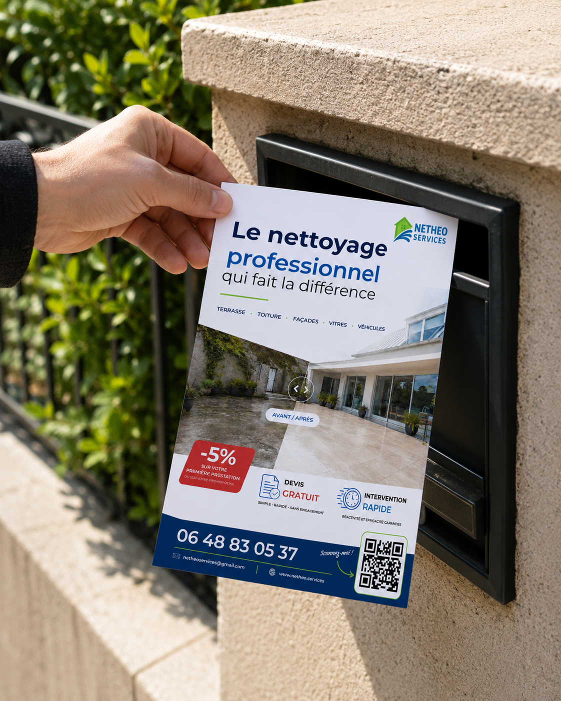 Recto du flyer Nethéo Services glissé dans une boîte aux lettres