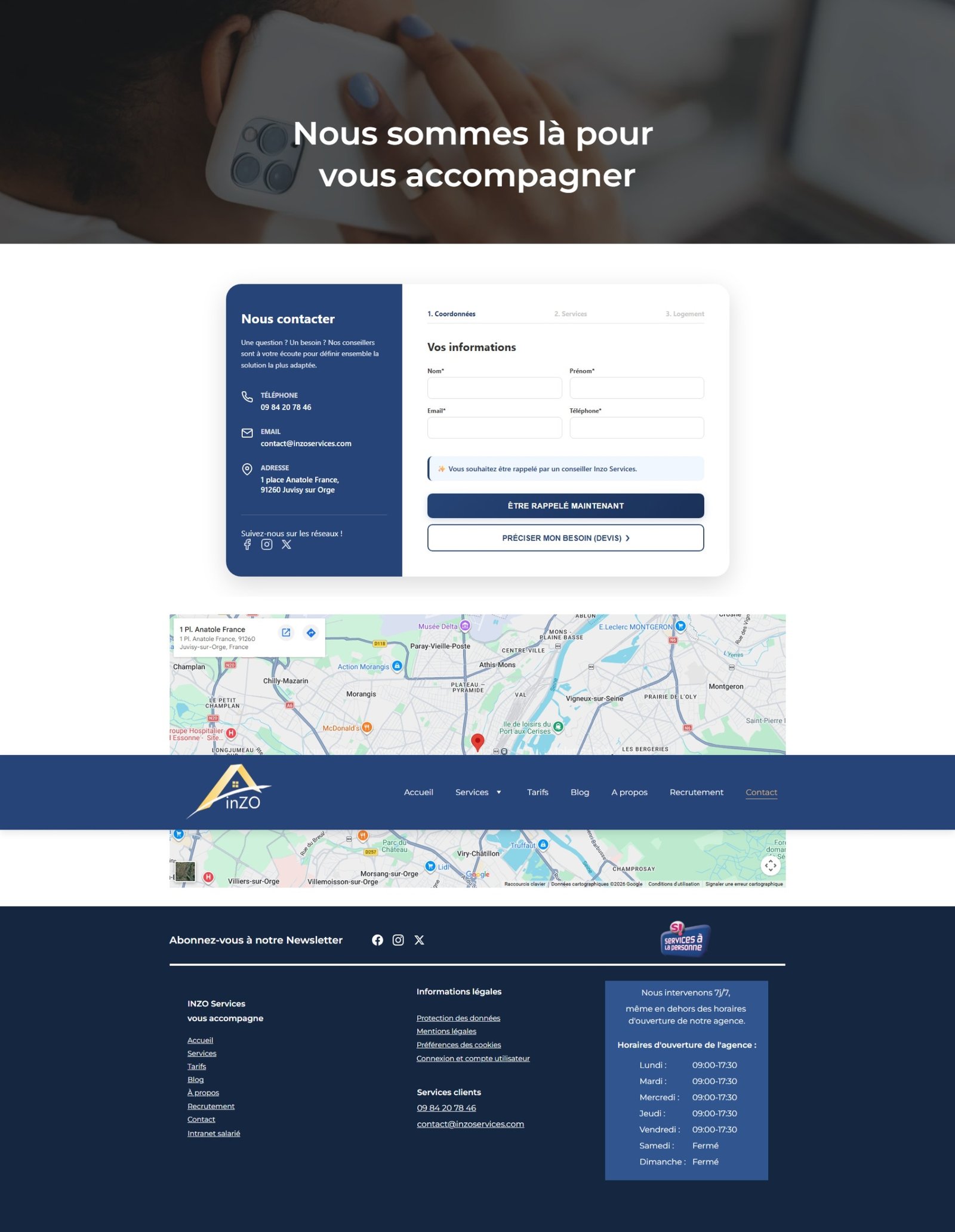 Page Contact d'Inzo sur téléphone