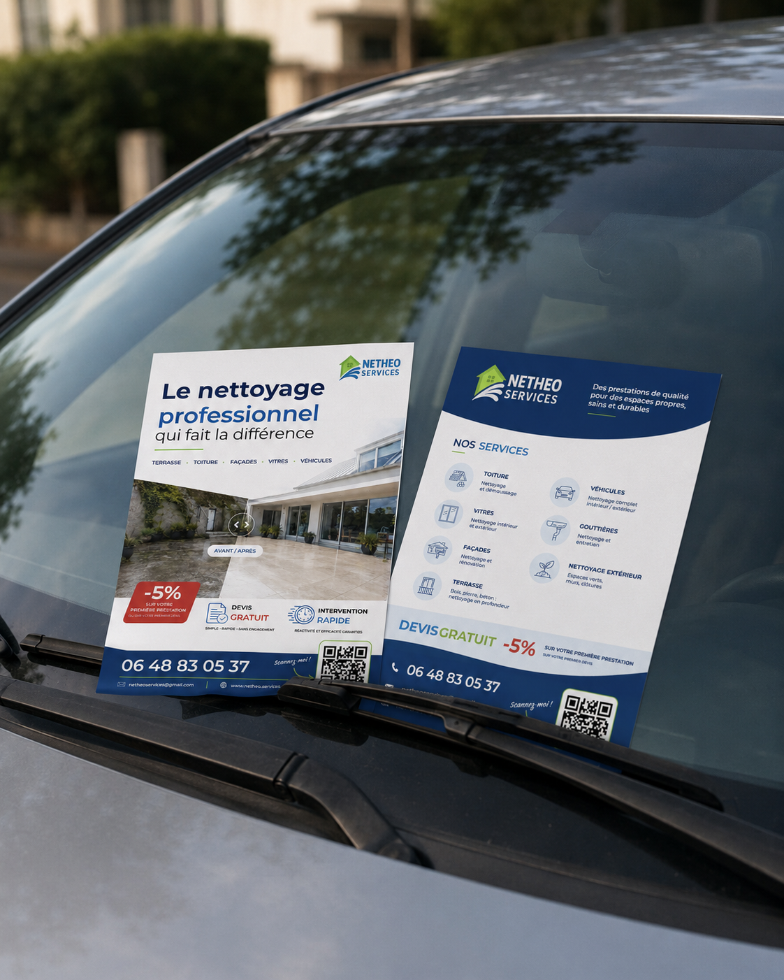 Flyers recto-verso conçus pour Nethéo Services, entreprise de nettoyage du Val-d'Oise
